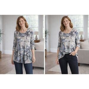 42 POPS Blue Watercolor Floral Tunic Top Longline Pockets Indie Slow Fashion Med